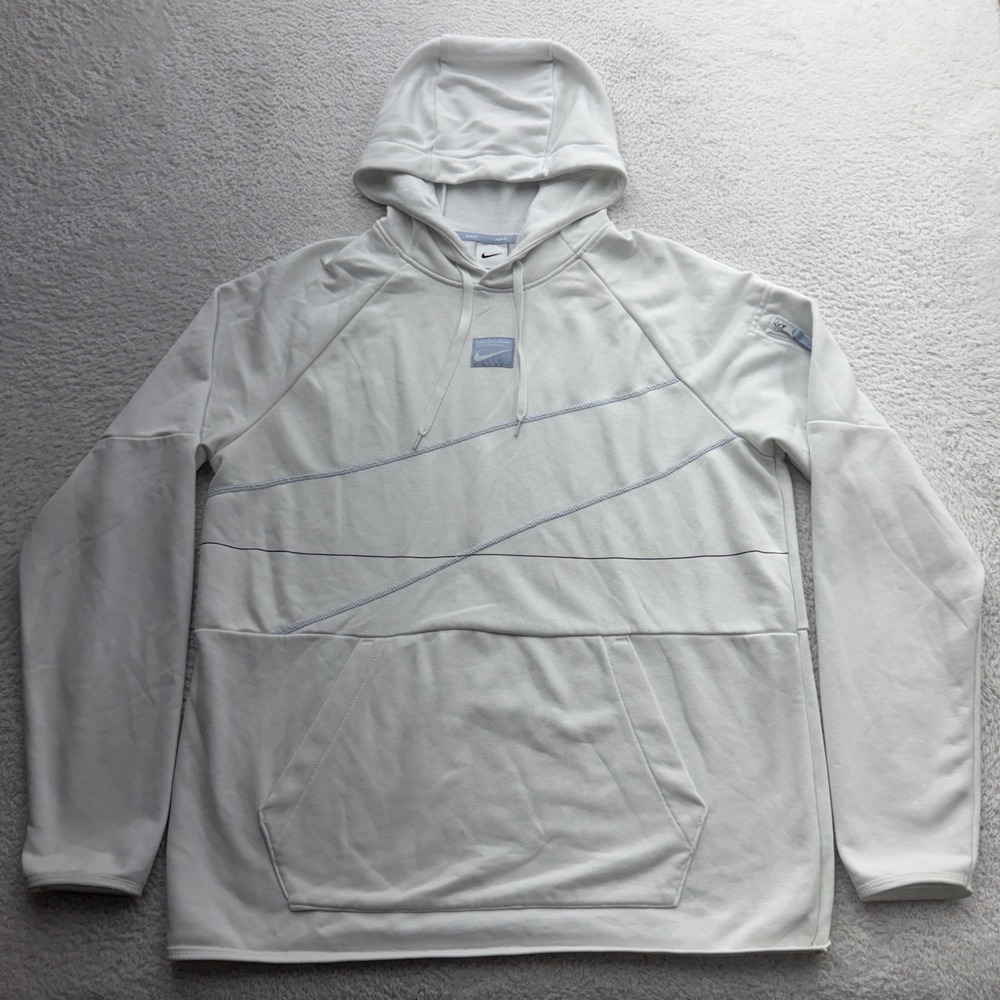 Nike Dri-FIT Mens White Diagonal Seam Pullover Hoodie Size M Kangaroo Pocket
